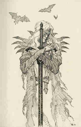 Pen and ink remarque featuring Elric with arms crossed over the hilt of the runeblade Stormbringer. The long, elegant sword is propped vertically so that the pose seems a loose embrace of the weapon. Delicately between his fingers, he holds a rose and tilts his head toward it. His face is rendered in shadow with his eyes closed as if he's lost in remembrance. A trio of loosely rendered bats flutter in the background over him.