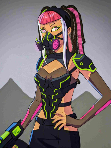 Drawing of a Cybergoth girl with a respirator in black and neon armour. 