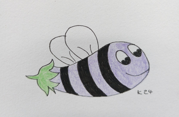 Cartoon sketch of a cartoon bee that is in the shape of an aubergine on it's side with wings and a face and coloured purple 