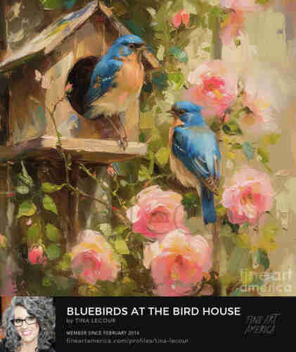 This is a painting of a pair of bluebirds perched at the bird house with pink roses.