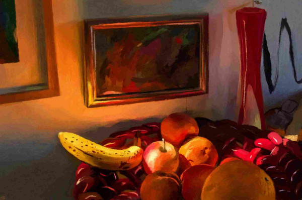 Digital painting: a still life, fruits on a red ceramic platter, with some framed paintings and a long, slender red vase in the background. The late afternoon light falls on the fruits, reflecting on the wall behind.
