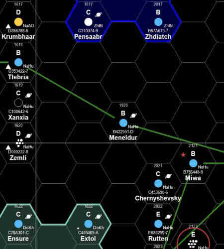 Traveller subsector map

1920 Meneldur 
B422551-D He Ni Po { 1 } (D46+1) [561B] - - 502 6 NaHu F4 V

Two hexes from Miwa, a planet my crew has visited twice.