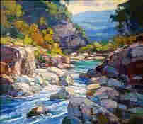 Colourful rather abstract and creative painting of a river with light grey rocks in it, and colourful high rocks on both sides. The rocks are covered with abstract foliage and trees coloured in various shades of green, light brown and some yellow. In the background are the blue shapes of high mountains. The sky is coloured soft yellow with some purple clouds. 