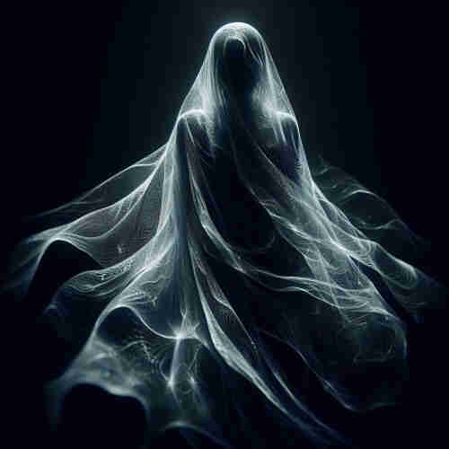 A ghostly figure shrouded in a transparent fabric with intricate patterns, against a dark background.