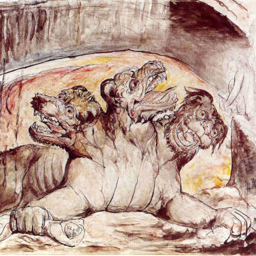 William Blake's watercolor of Cerebrus, the three-headed hell-hound.