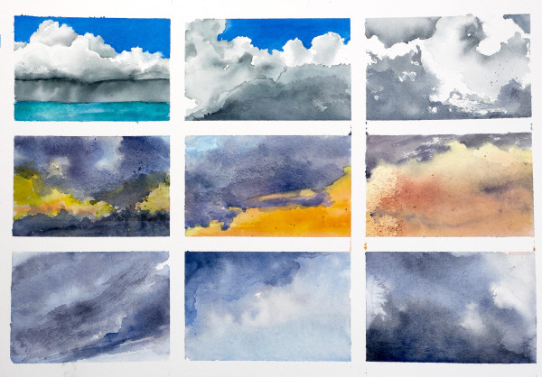 A series of 9 panels on white background featuring watercolor skies with clouds, the top row features white fluffy clouds against a tropical blue sky, the second row features gray clouds against a orange sky, the third row features different gray cloud formations against a gray sky.