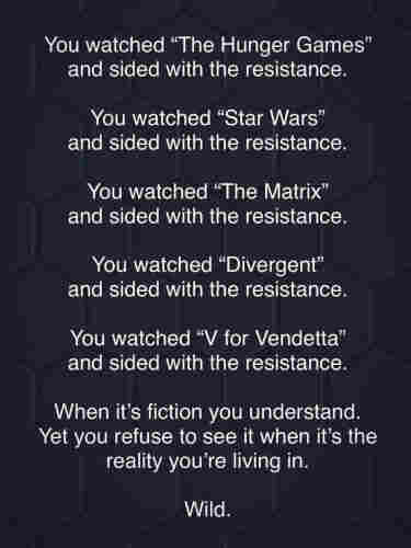 You watched “The Hunger Games” and sided with the resistance. 

You watched “Star Wars” and sided with the resistance. 

You watched “The Matrix” and sided with the resistance. 

You watched “Divergent” and sided with the resistance. 

You watched “V for Vendetta” and sided with the resistance. 

When it’s fiction you understand. Yet you refuse to see it when it’s the reality you’re living in.

Wild. 