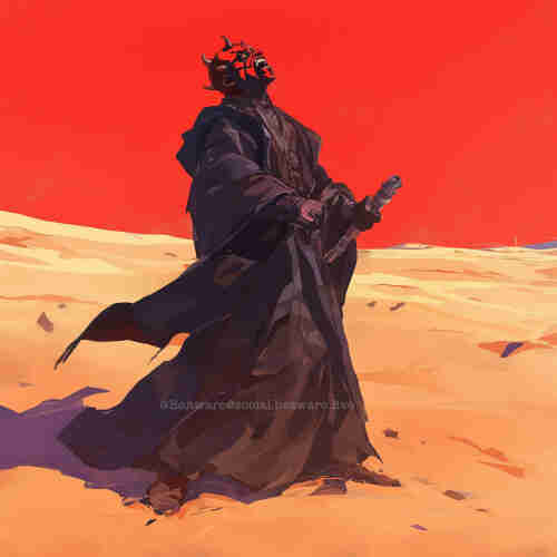 Illustration of Darth Maul on Tatooine screaming into the air after he senses Obi Wan Kenobi's presence. In the style of manga art.