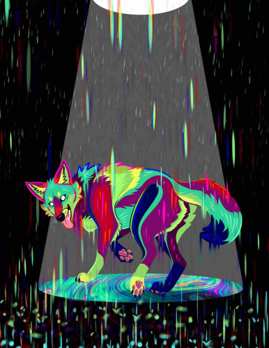 A colorful psychedelic coyote standing in a spotlight against a black background. He is looking back over his shoulder with a playful smile, one paw is raised. It is raining. Color is dripping off of him as if he is melting.
