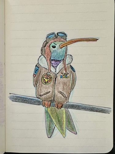 Drawing of a hummingbird sitting on a cable, it’s wearing a WW2 Pilot’s helmet and flight jacket

Zeichnung eines Kolibris, der auf einem Kabel sitzt, er trägt einen Pilotenhelm und eine Flugjacke des Zweiten Weltkriegs