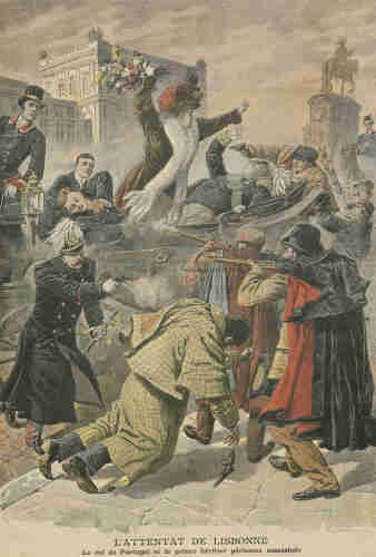 The Lisbon Regicide as depicted in the French Le Petit Journal, incorrectly showing four assassins rather than two (February 1908). By Le Petit Journal - Bibliothèque nationale de France, Public Domain, https://commons.wikimedia.org/w/index.php?curid=11307898