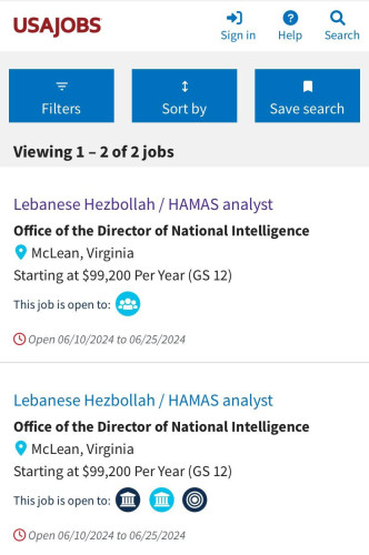 US is searching for Hezbollah/Hamas analyst. 
(Job ad at USAJOBS site)