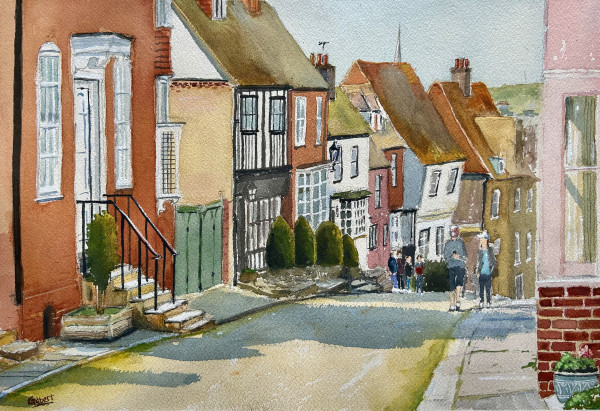 Watercolor painting of a quaint street lined with charming houses, featuring pedestrians casually walking in the distance.