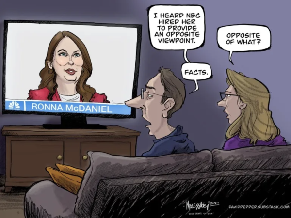 A cartoon by Kevin Necessary at David Pepper's Substack blog commenting on NBC's hire of Ronna McDaniel