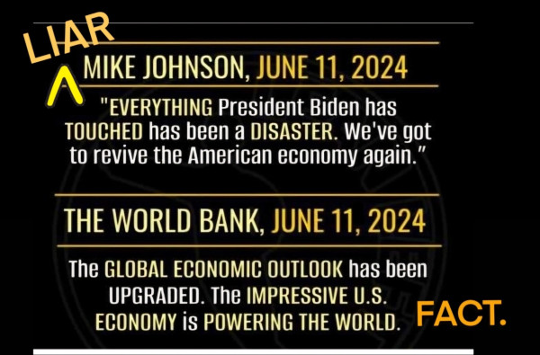 Liar MIKE JOHNSON, JUNE 11, 2024

"EVERYTHING President Biden has TOUCHED has been a DISASTER. We've got to revive the American economy again." This is a lie.
-

Now, next is a fact:
THE WORLD BANK, JUNE 11, 2024

The GLOBAL ECONOMIC OUTLOOK has been UPGRADED. The IMPRESSIVE U.S. ECONOMY IS POWERING THE WORLD.

FACT.