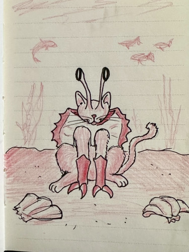 Drawing of a crab/cat hybrid sitting at the bottom of the sea