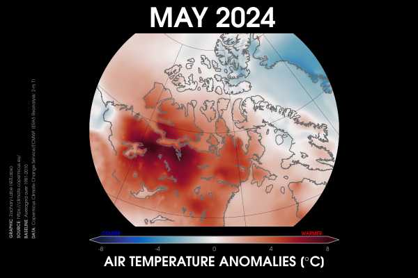 Regional map of the Canadian Arctic showing May 2024 temperature anomalies. Most areas are warmer than average. Anomalies are calculated to a 1981-2010 baseline with red being warmer than average, and blue being colder than average.