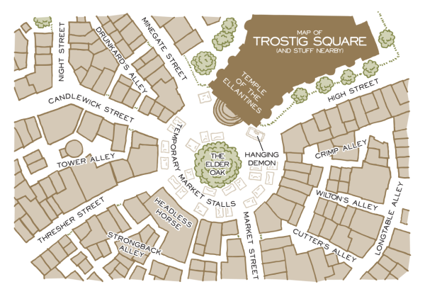 A map from the "Toast of the Town" module, showing, in Risus doodle style, the area of town around the Elder Oak, where the demon Hirash has been strung up on display.
