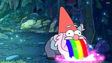 Gnome throwing up rainbows.