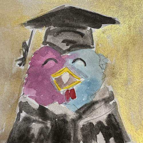A pink and blue chicken in cap and gown 