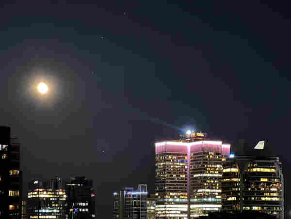 City buildings at night, dark city &amp; moon