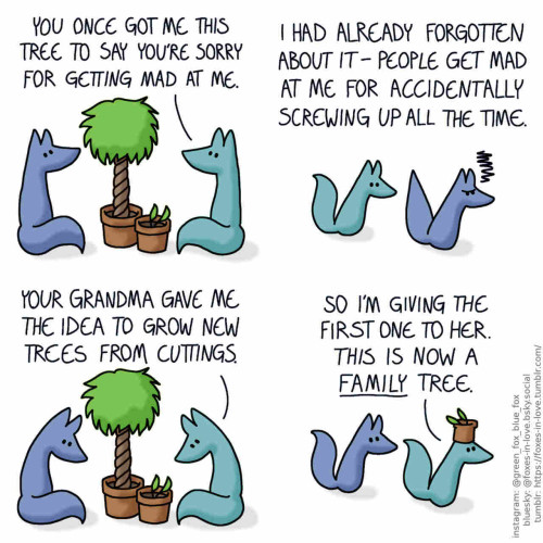 A comic of two foxes, one of whom is blue, the other is green. In this one, Blue and Green are looking at a tall potted ficus tree between them. There is another potted ficus next to the tall one, a tiny sapling with only two leaves on it. Green: You once got me this tree to say you're sorry for getting mad at me.  A flashback image of Blue and Green walking, Blue walking ahead while fuming angrily, and Green following timidly. Green, narrating: I had already forgotten about it - people get mad at me for accidentally screwing up all the time.  Back to present day, Blue and Green turn their eyes to the tiny sapling. Green: Your grandma gave me the idea to grow new trees from cuttings.  Blue and Green are walking, on their way somewhere. This time, Green is taking the lead, balancing the pot with the tiny sapling in it, as Blue follows. Green: So I'm giving the first one to her. This is now a family tree.
