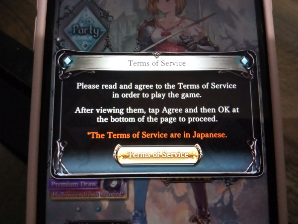 "Please read and agree to the Terms of Service in order to play the game.

* The Terms of Service are in Japanese."

(That's not commentary, it actually says that.)