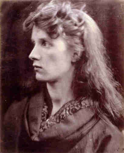 Julia Margaret Cameron's 1866 photo of English actress Laura Keene as Lady Clara Vere de Vere - delicate young woman with long hair in profile with reflective, cautious expression