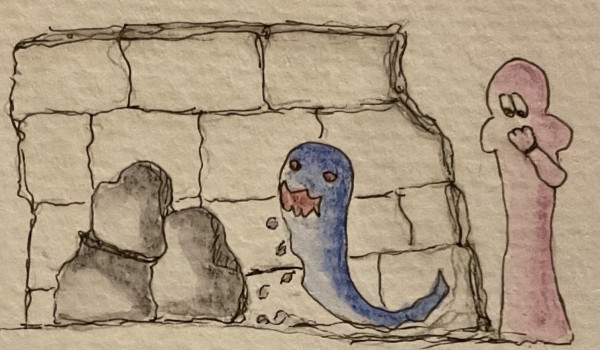 A cartoonish drawing shows a blue snake-like creature emerging from a partially damaged brick wall while a pink character stands to the right holding their mouth so they can‘t scream.