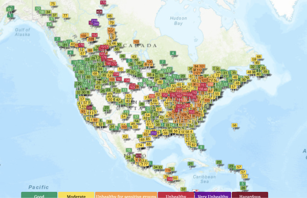 US Map of Air Quality Index reveals the presence of smoke from wildfires across midwestern states, as well as the wildfires in Alberta.