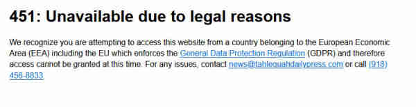 message going "website unavailable bc doesn't respect european data protection regulation"
