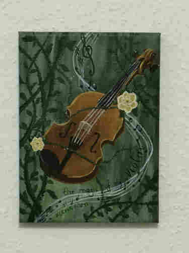 Violine mit gelben Rosen und grünen Hintergrund. Acryl auf Leinwand