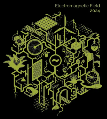 The EMF 2024 t-shirt artwork, showing the EMF logo growing into a network of plants and technology