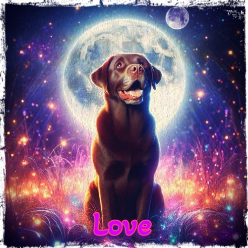Edited AI image of a chocolate brown Labrador with greying snout, sitting in front of  bright moon, surrounded by glowing grass. Text on the image says "Love".