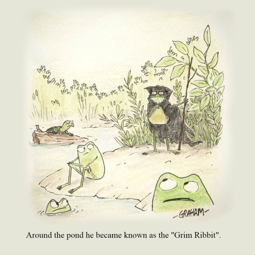A cartoon illustration of a frog dressed like the Grim Reaper looking out at everyone else at the pond.