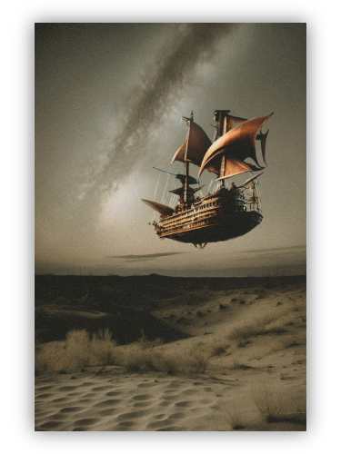 A sailing ship flying over the desert.  Steampunk style illustration.