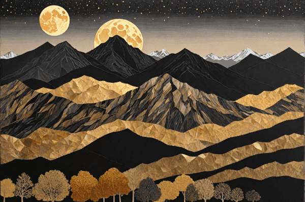 A contemporary collage painting in a black and gold color scheme depicting a majestic mountain range at dusk. The autumnal hues of the scene are highlighted by the large, vibrant supermoon rising 
above the horizon. This intricately detailed piece evokes feelings of nostalgia and soft memories, reminiscent of the style of Frances Jetter, while being reimagined through the modern lens of artist Fiona Rae.