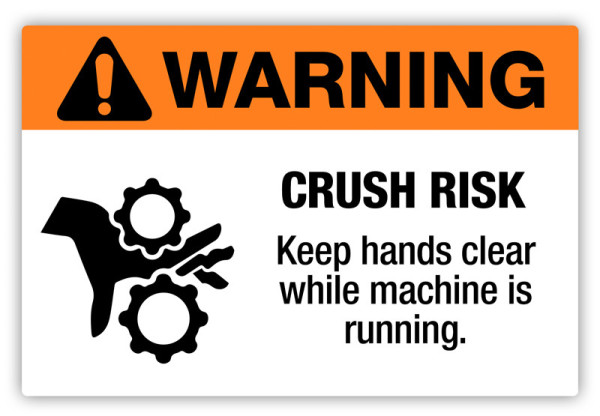 Warning label showing a hand being crushed in gears