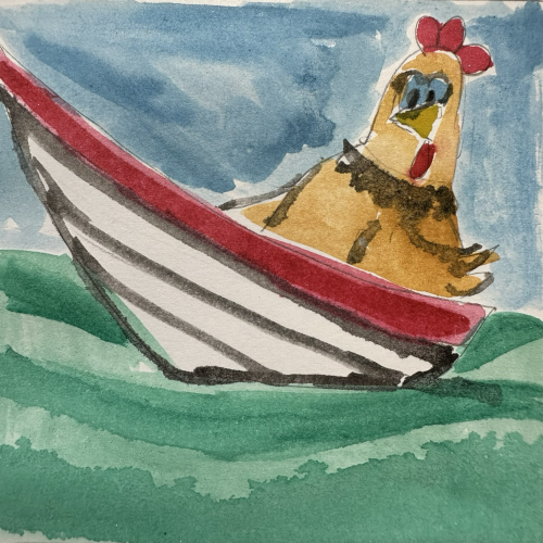 Brown hen in a stylized red and black boat. 