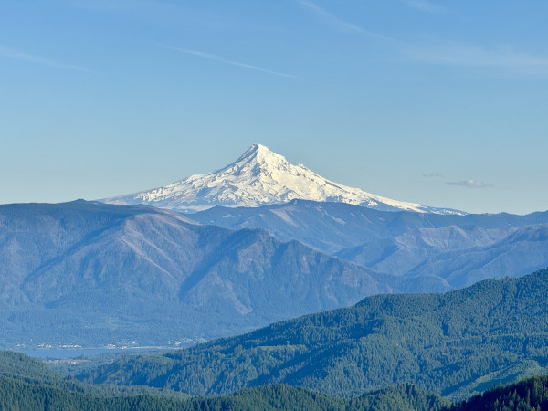 Snow covered Mount Hood rising above the Cascades. The Columbia River can be seen in the gorge below. Miles and miles of green forest. Light blue sky.