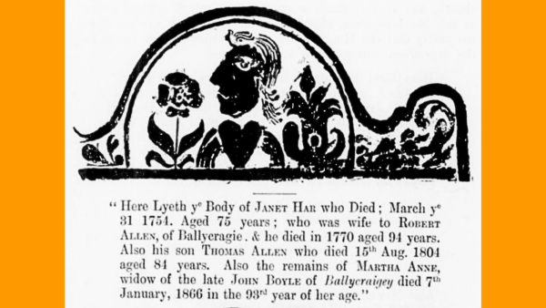 Transcript of a gravestone inscription with a rubbing of the symbols carved on the gravestone, including a head, heart and flowers.