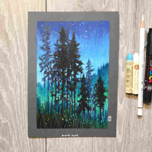 Original oil pastel painting - Tall Pine Trees at Night
An oil pastel painting of a group of tall pine trees at night with a gradient of blues in the sky.
Materials: oil pastel, mixed media, acid free grey pastel paper
Width: 14.5 centimetres
Height: 21 centimetres