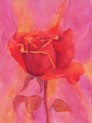 Red Red Rose Triptych Part One is a hand-painted watercolour painting in portrait format by the artist Karen Kaspar.
A brightly colored rose blossom stands out against a warm, abstract background. The petals exhibit a blend of varying shades of red and orange hues, blending seamlessly into a pink and yellow background. The stem and leaves are also depicted in shades of red. The flower is still partially closed and is just unfolding its delicate petals and exuding its enchanting fragrance.