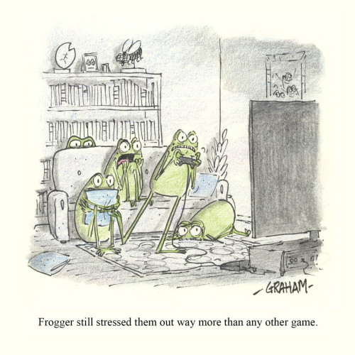 A cartoon illustration of a group of stressed out frogs watching their friend play the video game "Frogger."