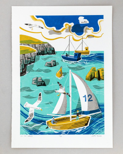 A six colour screen print of a sea scene showing a yacht on the sea as well as two fishing boats in the background. On the left are cliffs and on the right rocks. There are three seagulls flying and a yellow buoy.