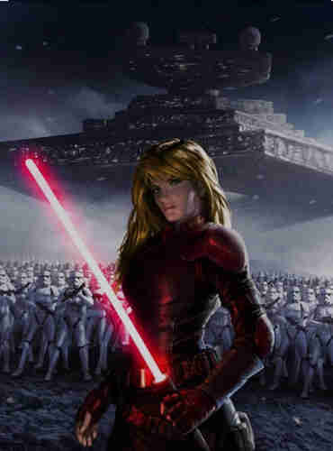 Female Jedi holding a lightsaber.
Behind her a mass of Stormtroopers, while a Star-destroyer is hoovering over them.