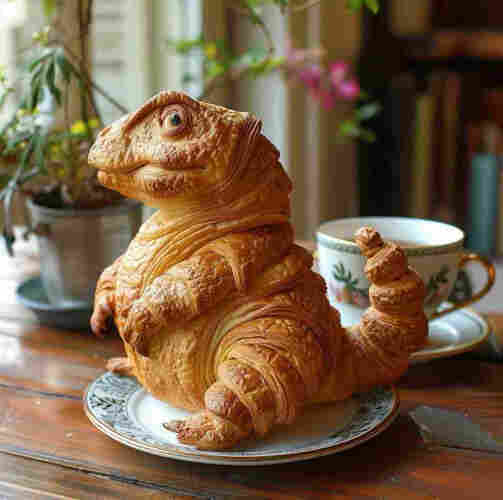 A photograph of a pastry shaped like a dinosaur with a sharp beak, beady eyes, small front legs and sitting on rear legs on a plate, with a large scaly pastry tail