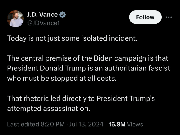 Vance posted on Saturday that Biden was to blame for the assassination attempt on Trump. 