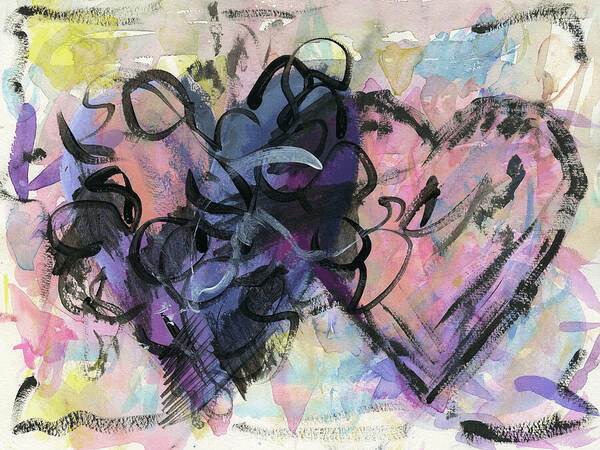 Connected is a hand-painted acrylic painting in landscape format by artist Karen Kaspar. It shows black and blue brushstrokes and lines that are tangled and interwoven, forming two connected heart shapes against an abstract background in pastel colours.
Sometimes life and love or friendship can be complicated and confusing. However, when two hearts are connected in love or friendship, they will always understand each other, stay in touch and help each other.