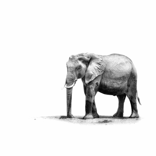 This is a black and white portrait of a young elephant standing with his trunk to the ground in Kenya. The photo is edited minimalistic, you see just the elephant against a white background highlighting just the young elephant.